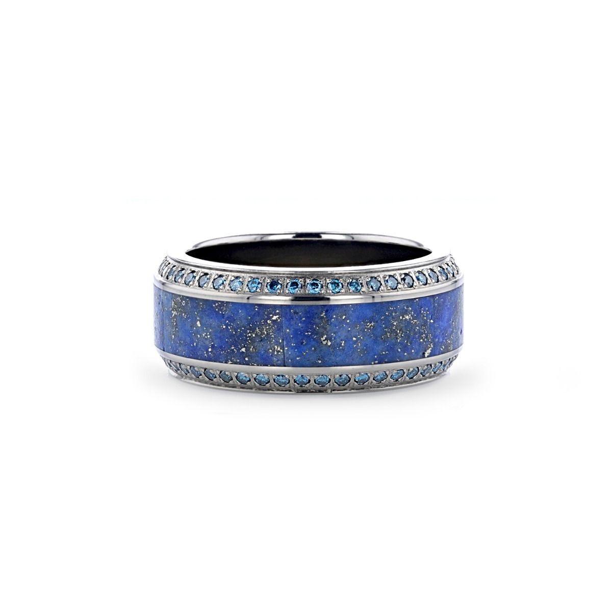 HYDRA Lapis Lazuli Inlaid Titanium Wedding Ring Polished Beveled Edges Set with Round Blue Diamonds - 10mm