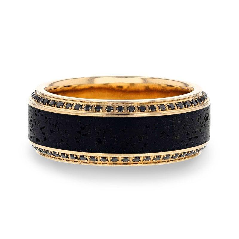 HYPERION Lava Inlaid 10K Yellow Gold Wedding Ring Polished Beveled Edges Set with Round Black Diamonds - 10mm