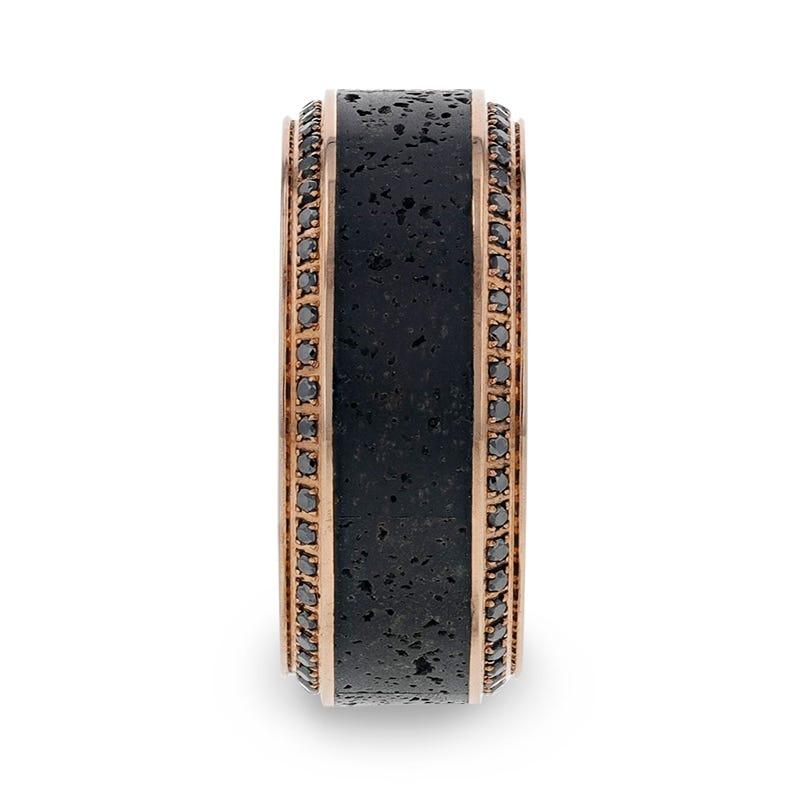 HYPERIA Lava Inlaid 10K Rose Gold Men's Wedding Band With Black Diamonds Around Polished Edges - 10mm