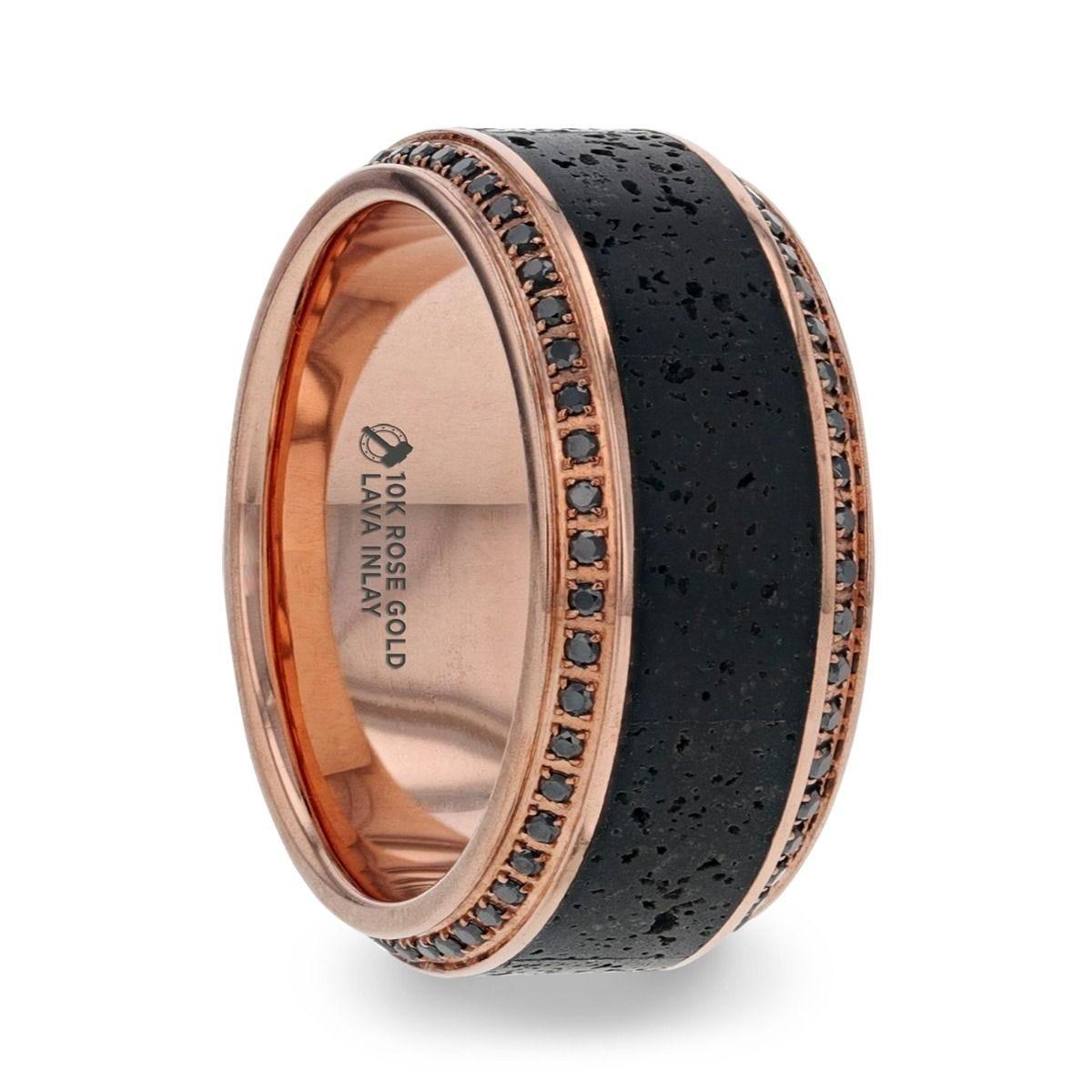 HYPERIA Lava Inlaid 10K Rose Gold Men's Wedding Band With Black Diamonds Around Polished Edges - 10mm