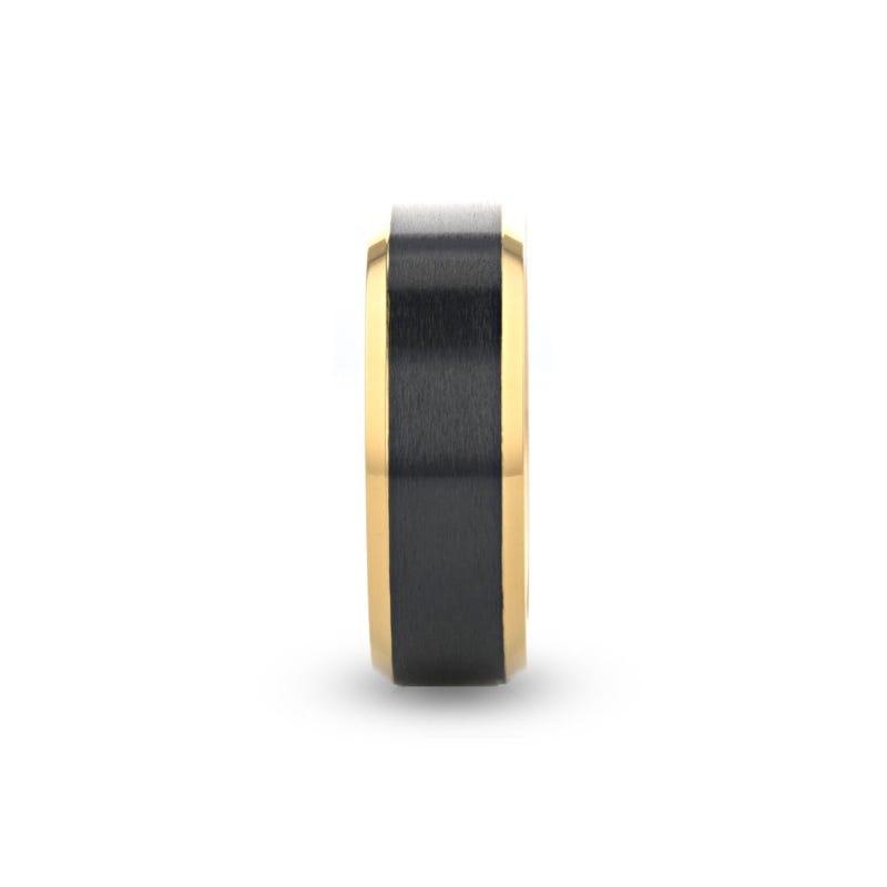 BEAUMONT Gold Plated Titanium Polished Beveled Ring with Brushed Black Center - 8mm