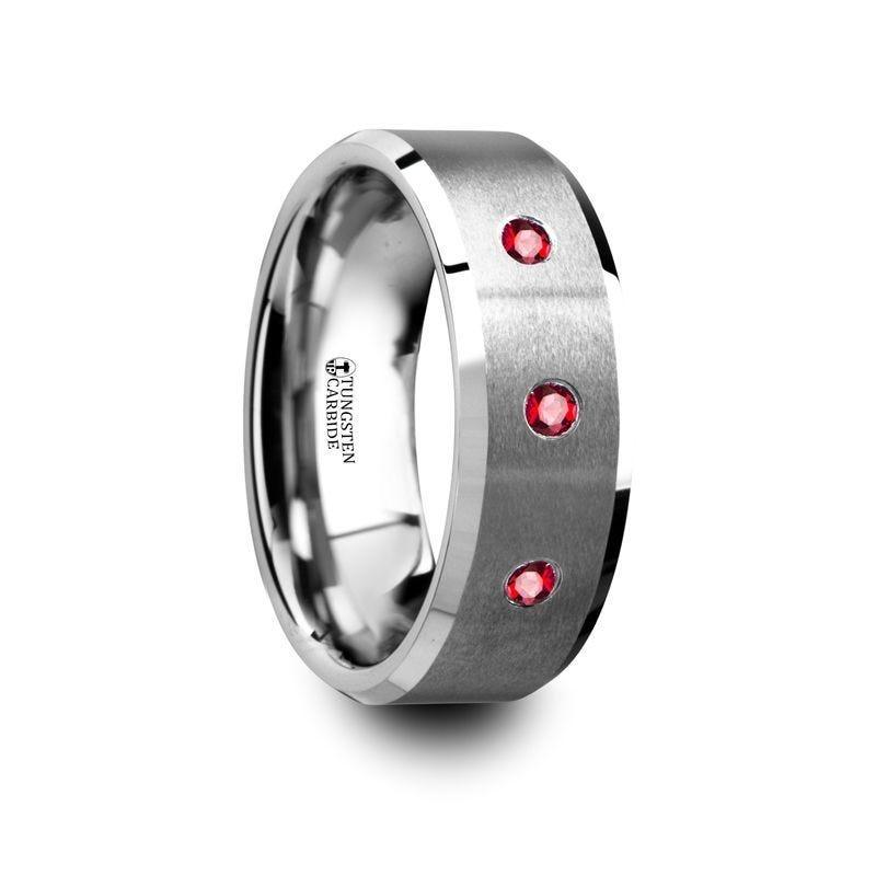 NEREUS Brushed Tungsten Flat Wedding Band with Polished Beveled Edges & Rubies - 8mm