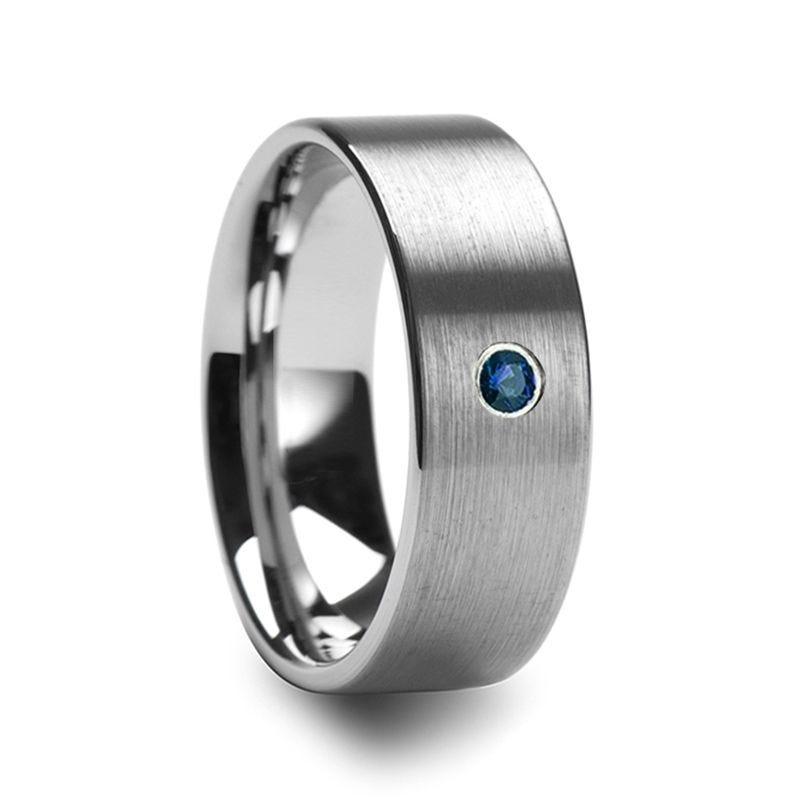 MAVI Men’s Brushed Finish Flat Tungsten Wedding Band with Blue Diamond - 6mm & 8mm