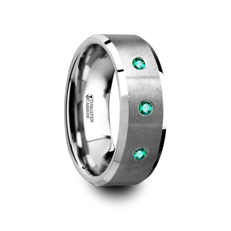 ICARUS Brushed Tungsten Men’s Wedding Ring with Polished Beveled Edges & 3 Emeralds - 8mm