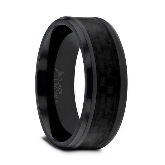 OXYN Black Titanium Polished Beveled Edges Black Carbon Fiber Inlaid Men’s Wedding Band - 6mm & 8mm