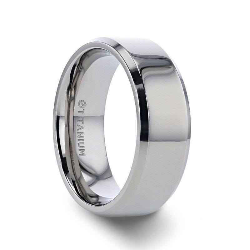 CORONAL Men’s Polished Finish Beveled Edges Titanium Wedding Ring with Raised Center - 6mm & 8mm