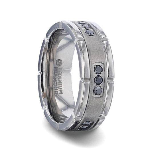 COURAGEOUS Brushed Center Titanium Men's Wedding Band With Double Grooved Polished Edges And Black Diamond Settings - 8mm