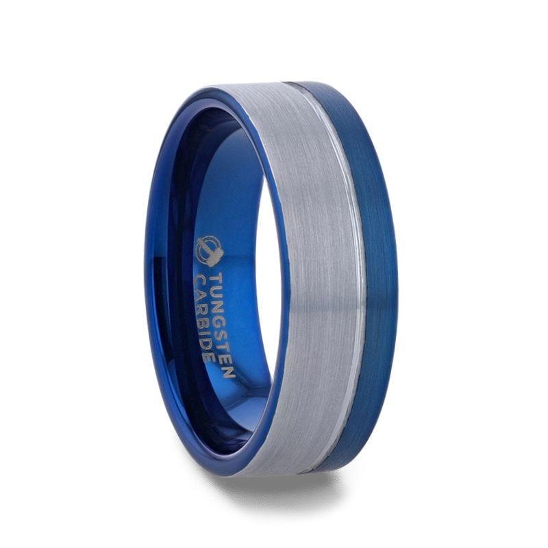 ATLANTIC Duo Color Brushed Center Tungsten Carbide Men's Wedding Band With Blue Ion Plating Inside the Band - 8mm