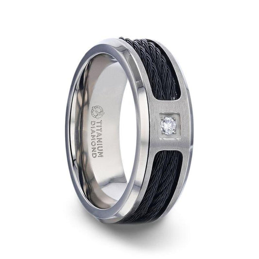 SECTOR Black Rope Cables Inlaid Brushed Finish Titanium Men's Wedding Ring with Diamond Centered And Beveled Polished Edges - 8mm