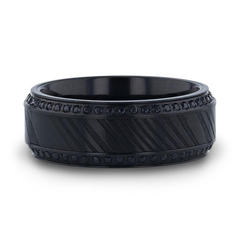 TROPHY Black Damascus Steel Inlaid Polished Black Titanium Men's Wedding Band With Black Sapphire Beveled Edges - 8mm