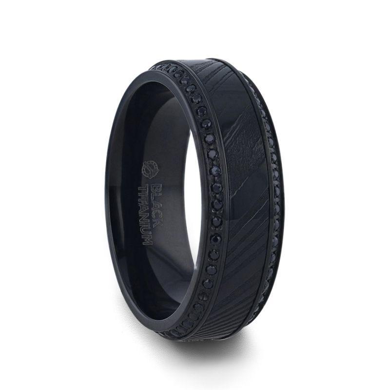 TROPHY Black Damascus Steel Inlaid Polished Black Titanium Men's Wedding Band With Black Sapphire Beveled Edges - 8mm