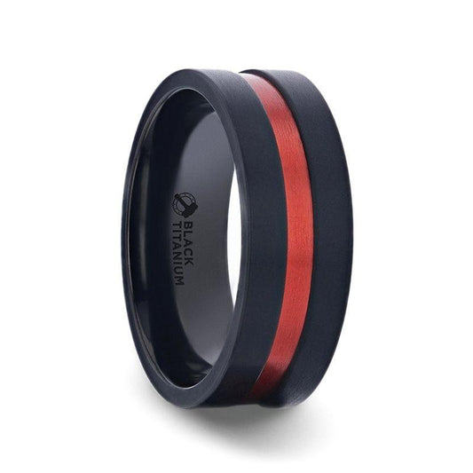 BLAZE Flat Brushed Black Titanium Men's Wedding Band With Red Aluminum Groove Brushed Center - 8mm