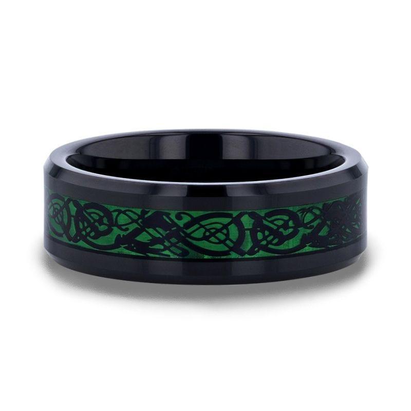 ALLURE Black Dragon Design With Green Background Inlaid Black Tungsten Men's Ring With Clear Coating And Beveled Edge - 8mm