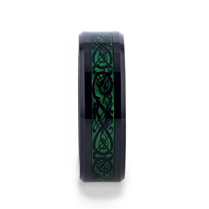 ALLURE Black Dragon Design With Green Background Inlaid Black Tungsten Men's Ring With Clear Coating And Beveled Edge - 8mm