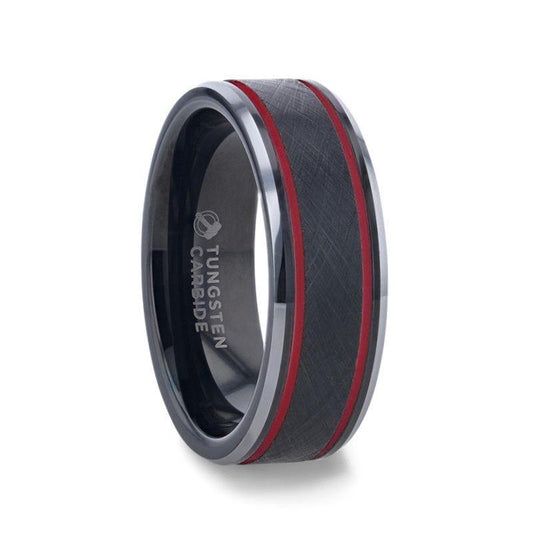 OLIS Wire Finish Centered Black Tungsten Men's Wedding Band With Double Red Stripe Polished Beveled Edges - 8mm