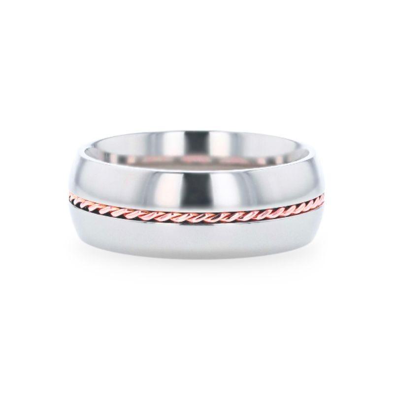 CONDUCTOR Titanium Domed Polished Wedding Ring With 14k Rose Gold Braided Inlay - 8mm