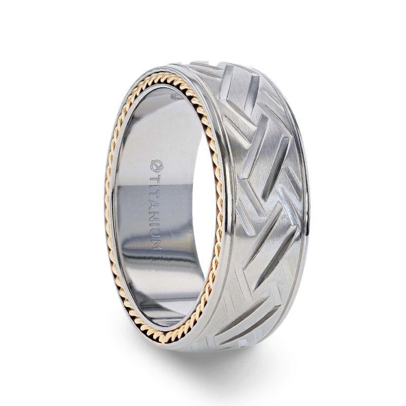 SATURN Woven Pattern Domed Titanium Men's Wedding Ring With Yellow Gold Braided Edges - 8mm