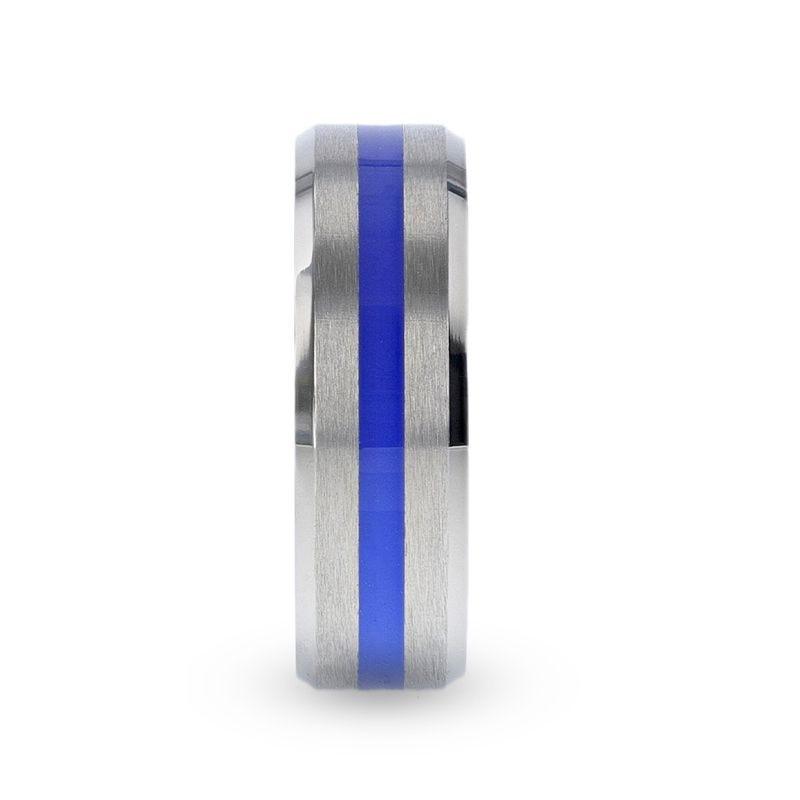 BARRY Blue Stripe Inlaid Titanium Flat Brushed Men's Wedding Ring With Beveled Polished Edges - 8mm