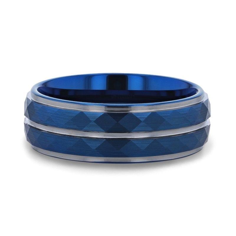 CARMEL Blue Ion Plated Tungsten Carbide Men's Ring With Faceted Center And Stepped Edges - 8mm