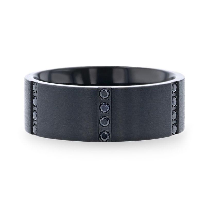 MYSTERIOUS Flat Brushed Black Titanium Men's Wedding Ring With 6 Sets of Quadruple Black Sapphires In Horizontal Channels - 8mm