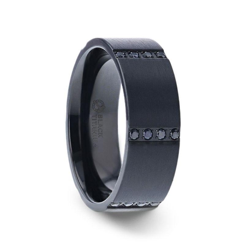 MYSTERIOUS Flat Brushed Black Titanium Men's Wedding Ring With 6 Sets of Quadruple Black Sapphires In Horizontal Channels - 8mm