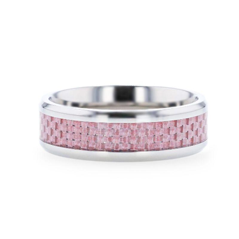 DOMINIQUE Pink Carbon Fiber Inlaid Titanium Flat Polished Finish Ring Band With Beveled Edges - 8mm