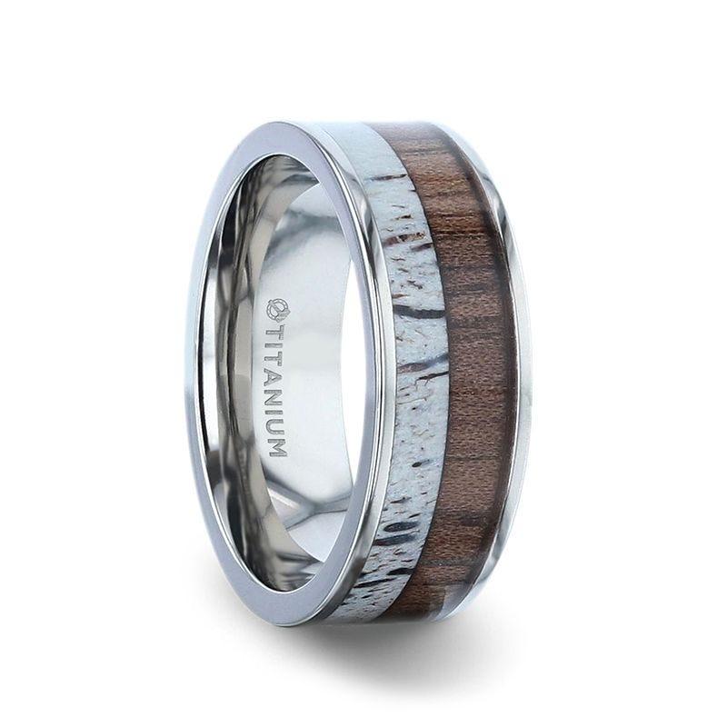 DARBY Titanium Polished Finish Flat Men's Wedding Ring With Deer Antler And Black Walnut Wood Inlay - 8mm