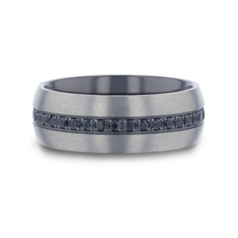 AVIATOR Domed Brushed Titanium Men's Wedding Band with Black Sapphire Stones Inlay - 8mm