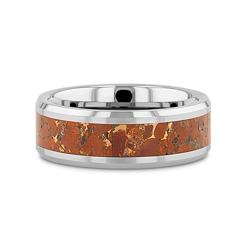 CROWN Tungsten Carbide ring with Beveled Edges and Orange Copper Conglomerate Inlay - 8mm