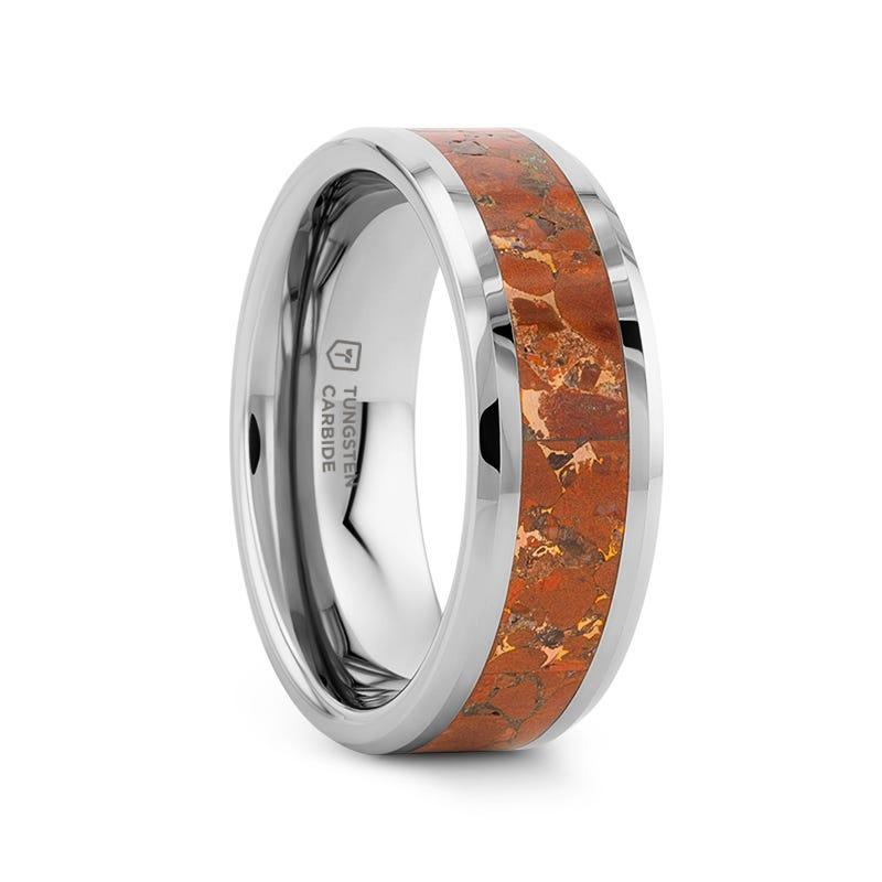 CROWN Tungsten Carbide ring with Beveled Edges and Orange Copper Conglomerate Inlay - 8mm