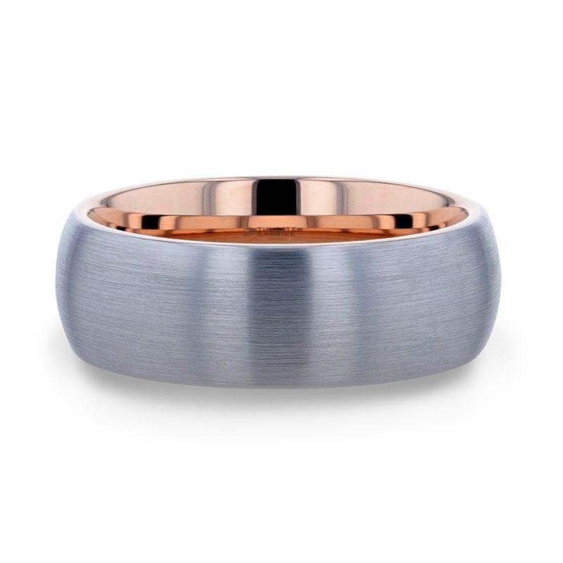 CAMERON Domed Brushed Finish Tungsten Carbide Men's Wedding Band With Rose Gold Ion Plating Interior - 8mm