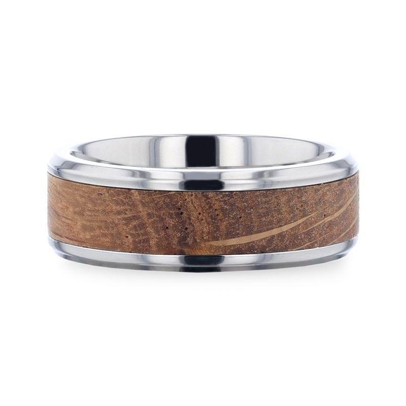 CASK Whiskey Barrel Inlaid Titanium Men's Wedding Band With Beveled Polished Edges Made From Genuine Whiskey Barrels - 8mm