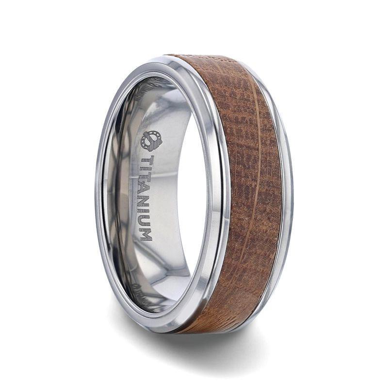 CASK Whiskey Barrel Inlaid Titanium Men's Wedding Band With Beveled Polished Edges Made From Genuine Whiskey Barrels - 8mm