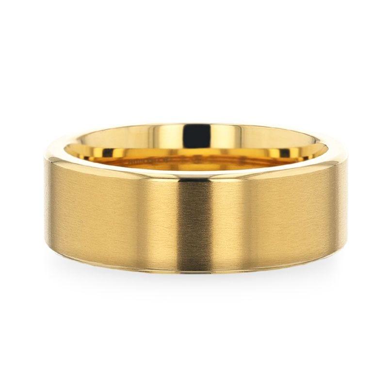 AURELIANO Yellow Gold Plating Titanium Men's Wedding Band With Flat Brushed Finish Center And Rounded Polished Edges - 8mm