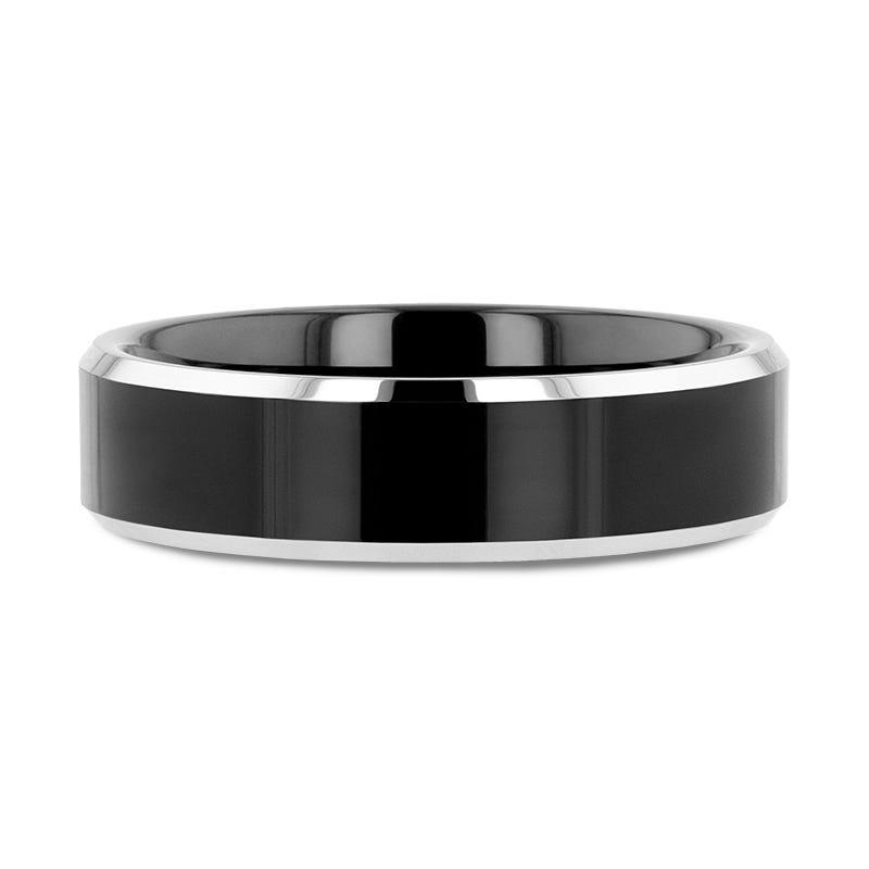 MACLAREN Black Polish Finished Center Tungsten Wedding Band with Polished Gray Tungsten Beveled Edges - 4mm - 8mm