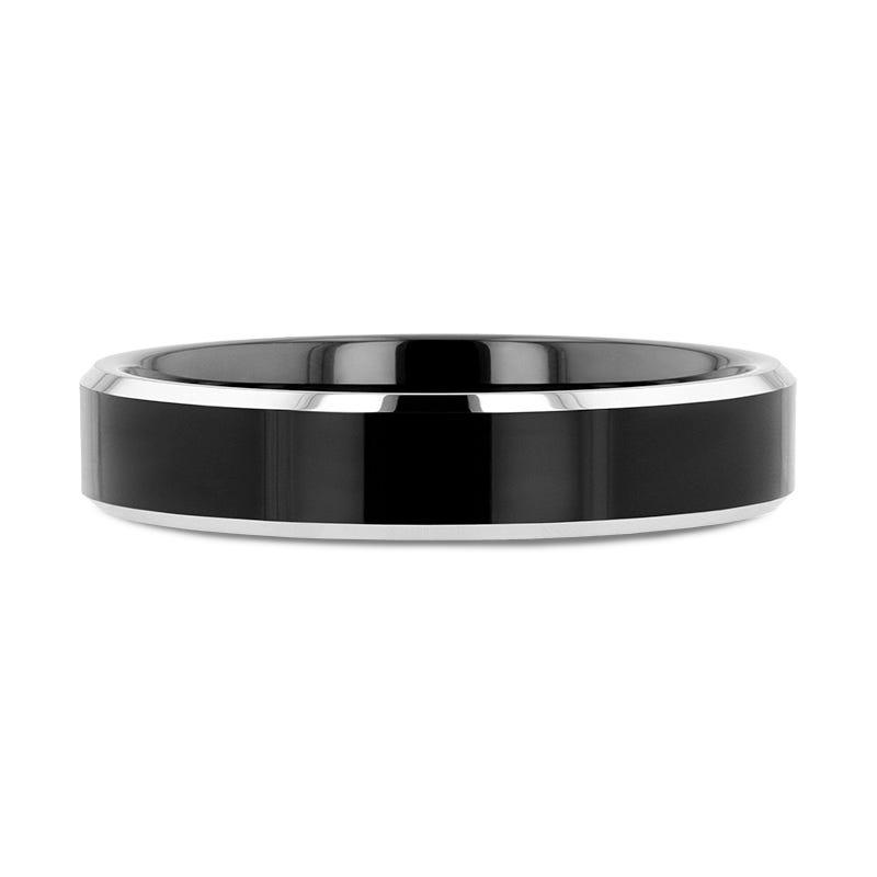 MACLAREN Black Polish Finished Center Tungsten Wedding Band with Polished Gray Tungsten Beveled Edges - 4mm - 8mm