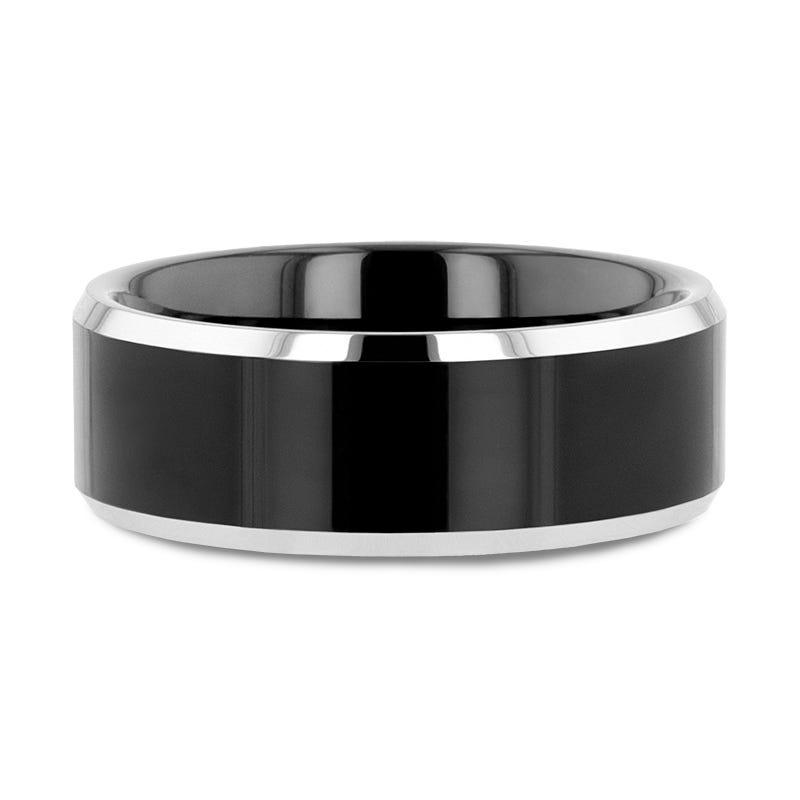 MACLAREN Black Polish Finished Center Tungsten Wedding Band with Polished Gray Tungsten Beveled Edges - 4mm - 8mm