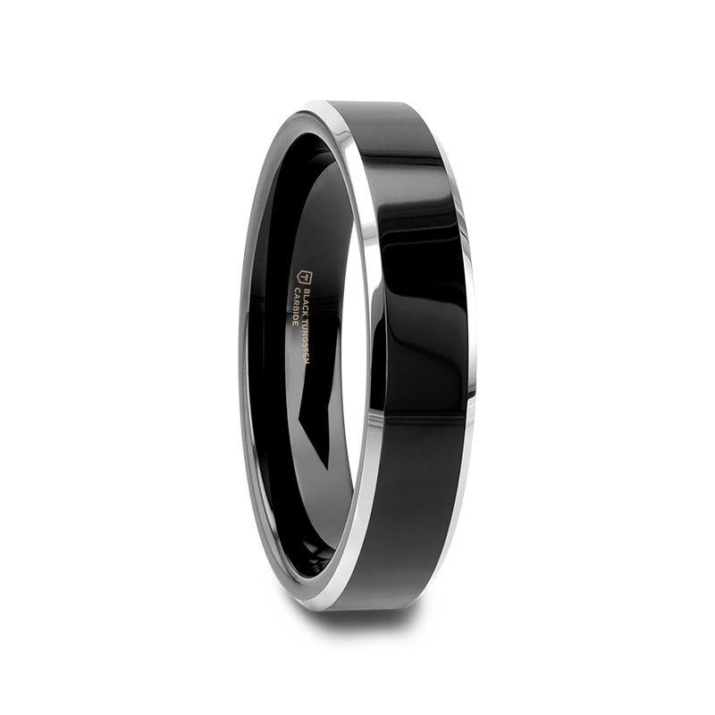 VALENCIA Women's Black Tungsten Ring with Polished Finish and White Tungsten Bevels - 4mm