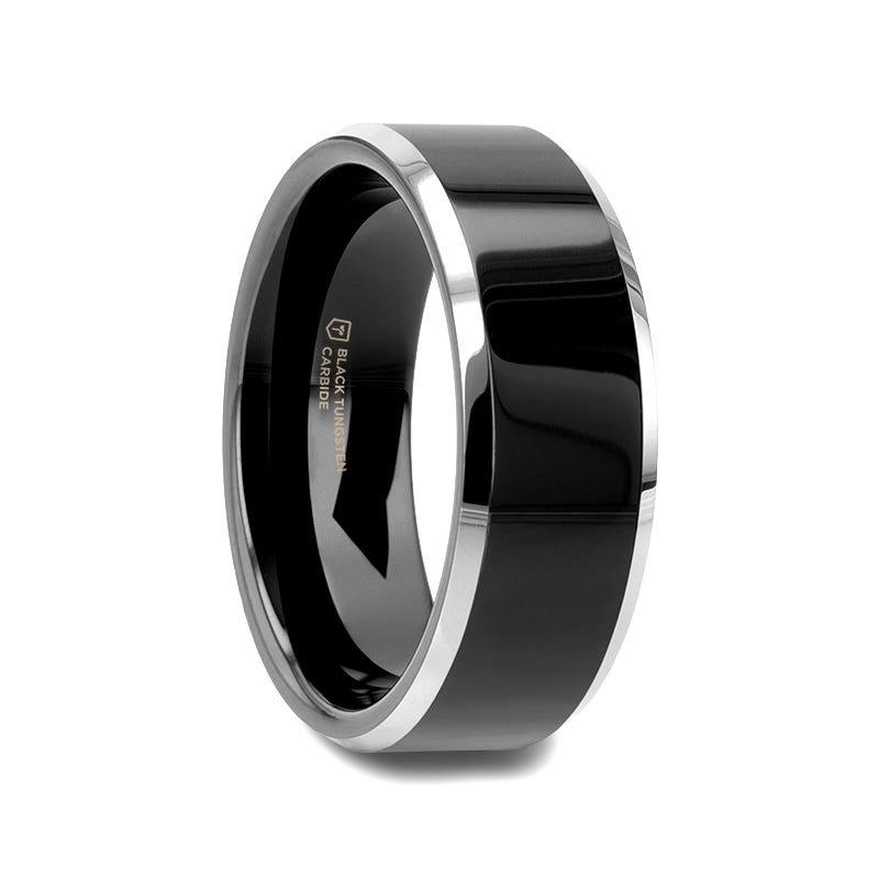 MACLAREN Black Polish Finished Center Tungsten Wedding Band with Polished Gray Tungsten Beveled Edges - 4mm - 8mm