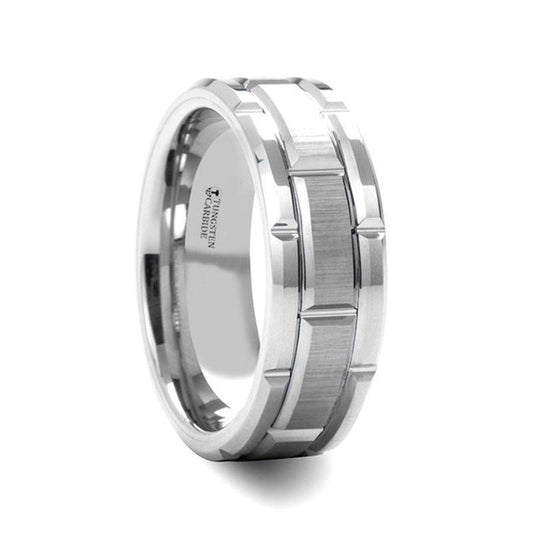 WARWICK Beveled Tungsten Carbide Wedding Band with Brush Finished Center and Alternating Grooves - 8mm