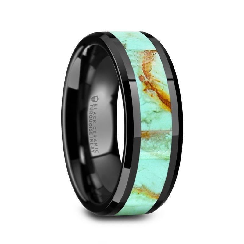 PIETRO Men’s Polished Black Ceramic Wedding Band with Light Blue Turquoise Stone Inlay & Polished Beveled Edges - 8mm