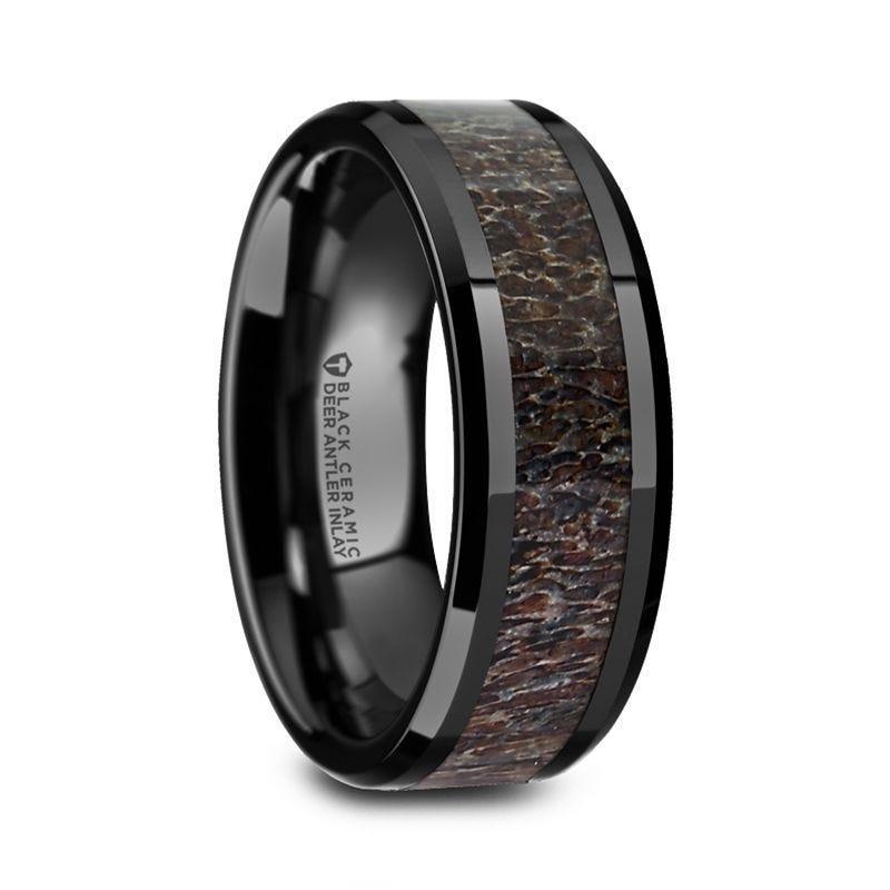 TINE Black Ceramic Polished Beveled Men's Wedding Band with Dark Brown Antler Inlay - 6mm & 8mm