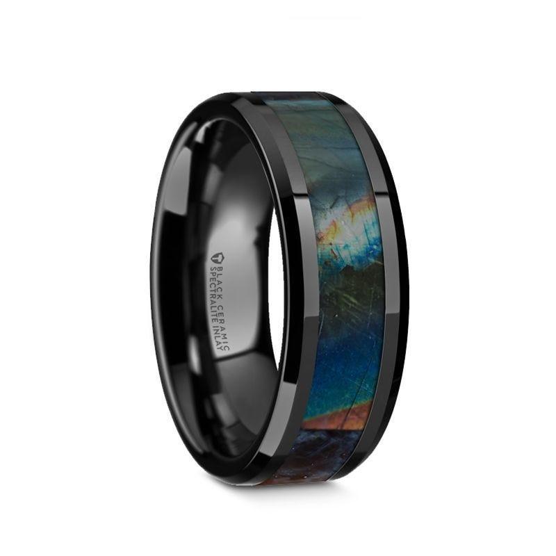 IRIDESCENCE Black Ceramic Spectrolite Inlay Polished Finish Wedding Band with Beveled Edges - 8mm