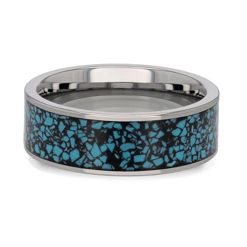 TURKUAZ Crushed Turquoise Inlay Tungsten Men's Wedding Band With Flat Polished Edges - 8mm