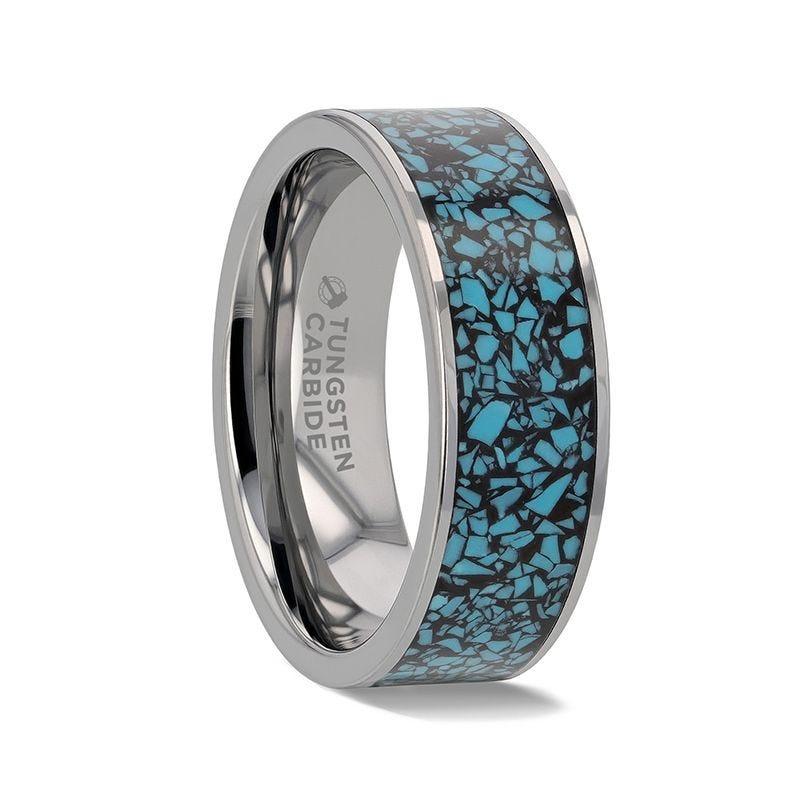 TURKUAZ Crushed Turquoise Inlay Tungsten Men's Wedding Band With Flat Polished Edges - 8mm