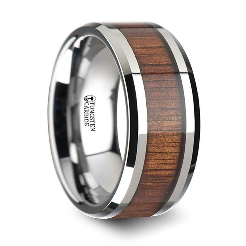 KONA Koa Wood Inlaid Tungsten Carbide Ring with Bevels - 10mm