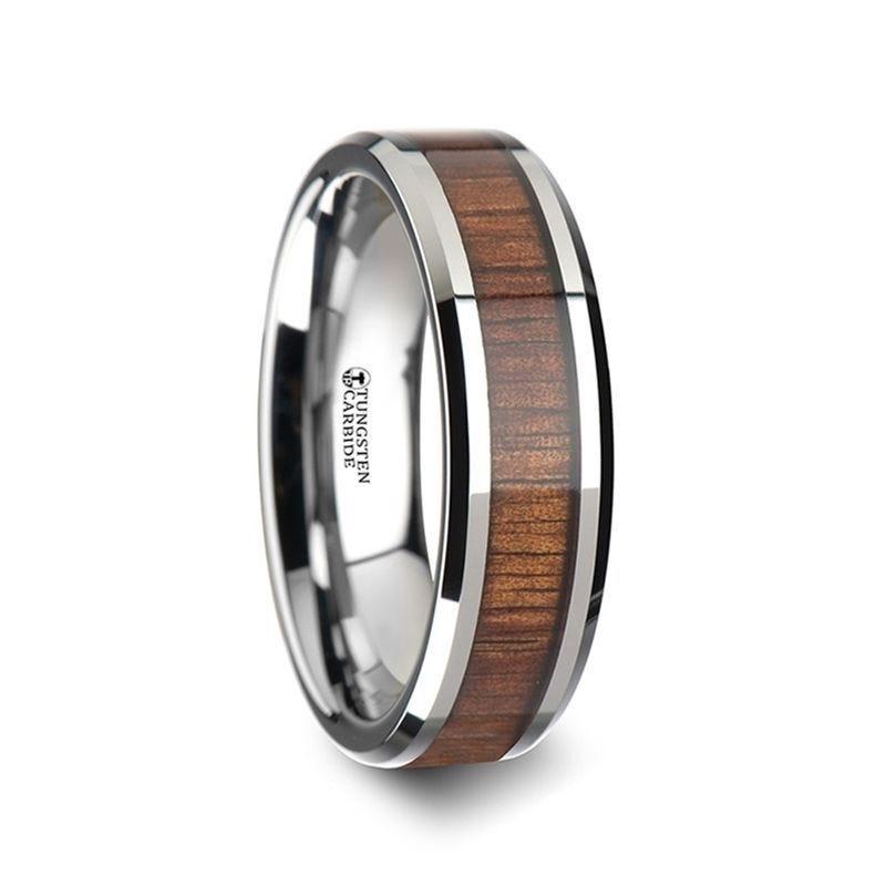 KONA Koa Wood Inlaid Tungsten Carbide Ring with Bevels - 4mm - 12mm