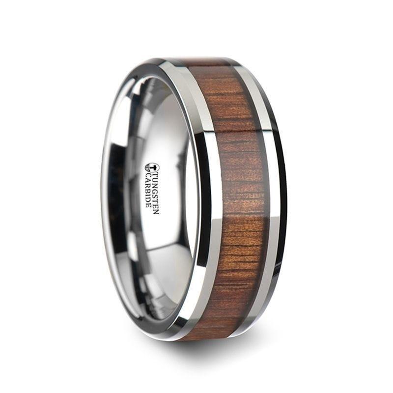 KONA Koa Wood Inlaid Tungsten Carbide Ring with Bevels - 10mm