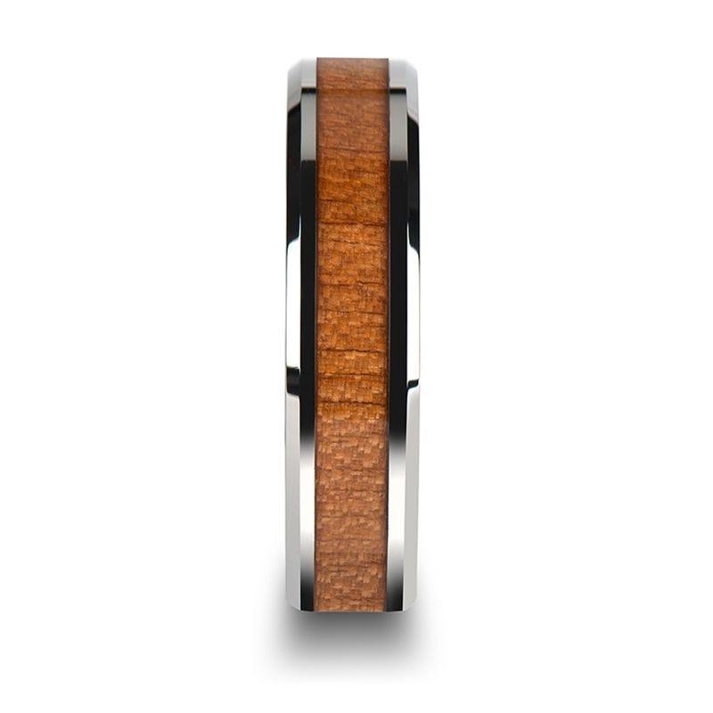 BRUNSWICK Tungsten Wedding Ring with Polished Bevels and American Cherry Wood Inlay - 6mm - 10mm