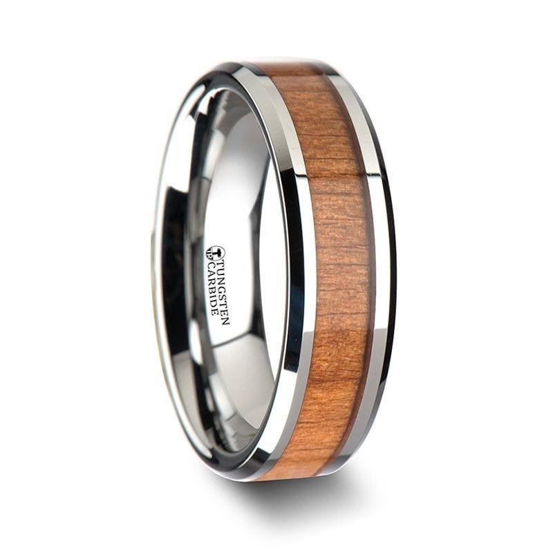 BRUNSWICK Tungsten Wedding Ring with Polished Bevels and American Cherry Wood Inlay - 6mm - 10mm